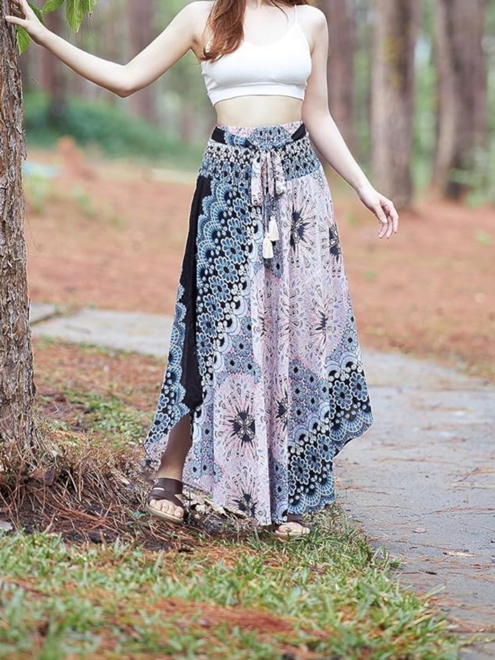 Boho Smocked Waist Skirt in Navy and Cream XL
